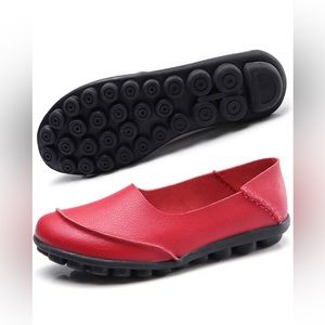 Women's Soft Red Leather Loafers
Slip-on. Comfortable Flats Shoes w/Grip Sole.
